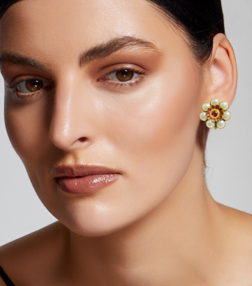 Alternate View of Model Wearing Devika Uncut Polki Earrings in 18k Gold Jewelry for Pierced Ears Yellow with Hallmark Stamp Metal One Size 12.5gms