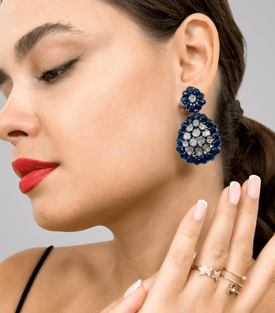 Model Wearing Trisha Earrings in Sterling Silver - Sapphire Jewelry for Pierced Ears 18k Gold Plated 925 Metal One Size 27.75gms Yellow