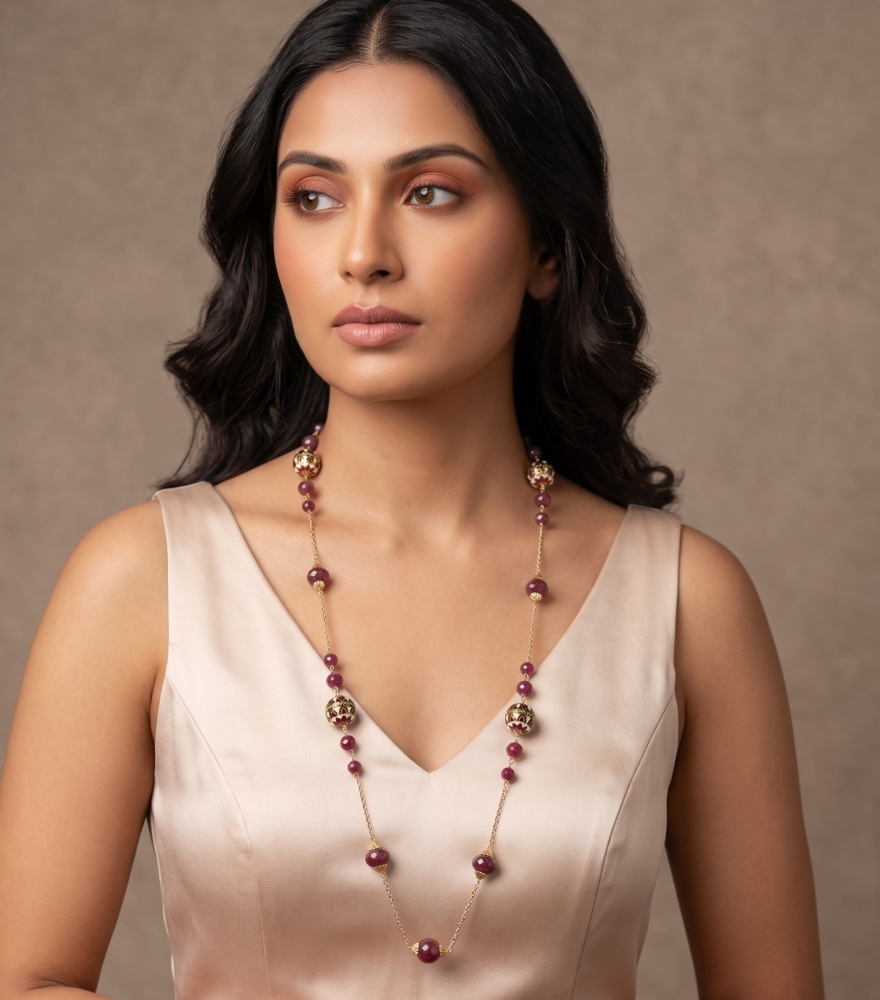 Model Wearing Maya Ruby And Enamel Necklace in 18k Gold Fixed Length Yellow with Hallmark Stamp Metal One Size 42.5gms