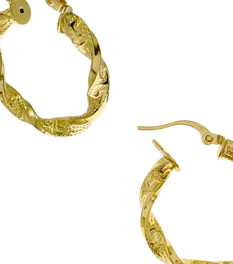 Closeup of Chiara Hoop Earrings in 18k Yellow Gold Comfort Fit with Hallmark Stamp Metal 1.8gms