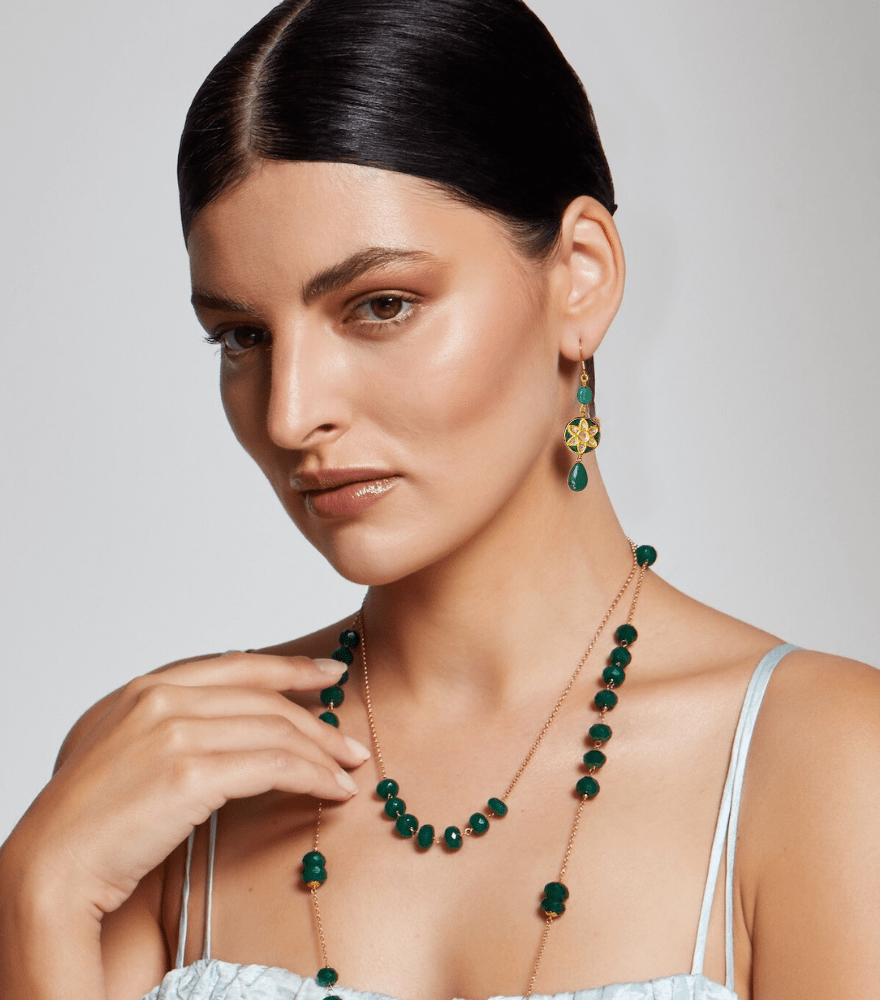 Alternate View of Model Wearing Nikita Uncut Polki Earrings in Gold Jewelry for Pierced Ears 18k Yellow with Hallmark Stamp Metal Stone One Size 7.1gms