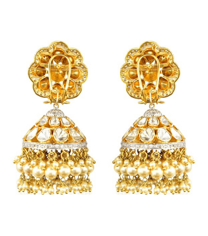 Rear View of Rania Diamond Jhumka Earrings in 18k Gold Jewelry for Pierced Ears Yellow with Hallmark Stamp Metal 48.5gms