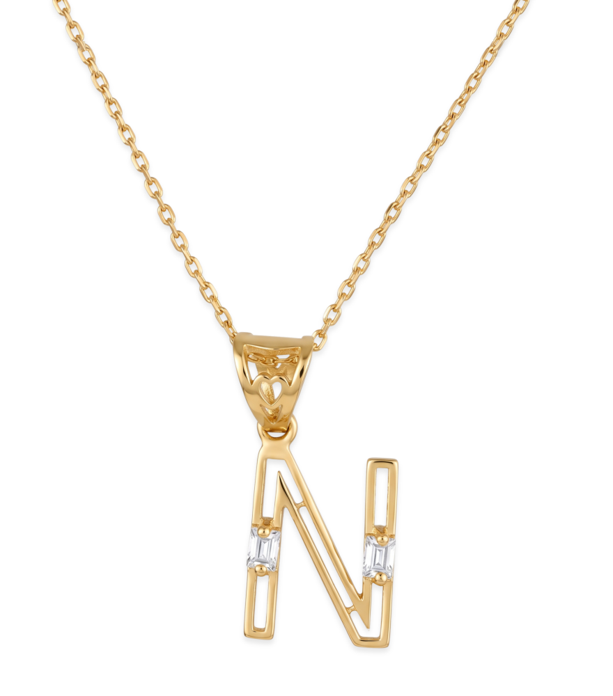 Front View of Letter 'N' Initials Pendant Necklace in 18k Gold Fixed Length Yellow with Hallmark Stamp Metal One Size 1.3gms
