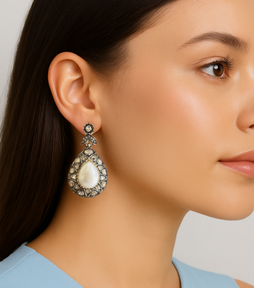 Model Wearing Tanisha Diamond Earrings in 18k Gold Plated Sterling Silver Jewelry for Pierced Ears 925 Metal Stone One Size 21.4gms