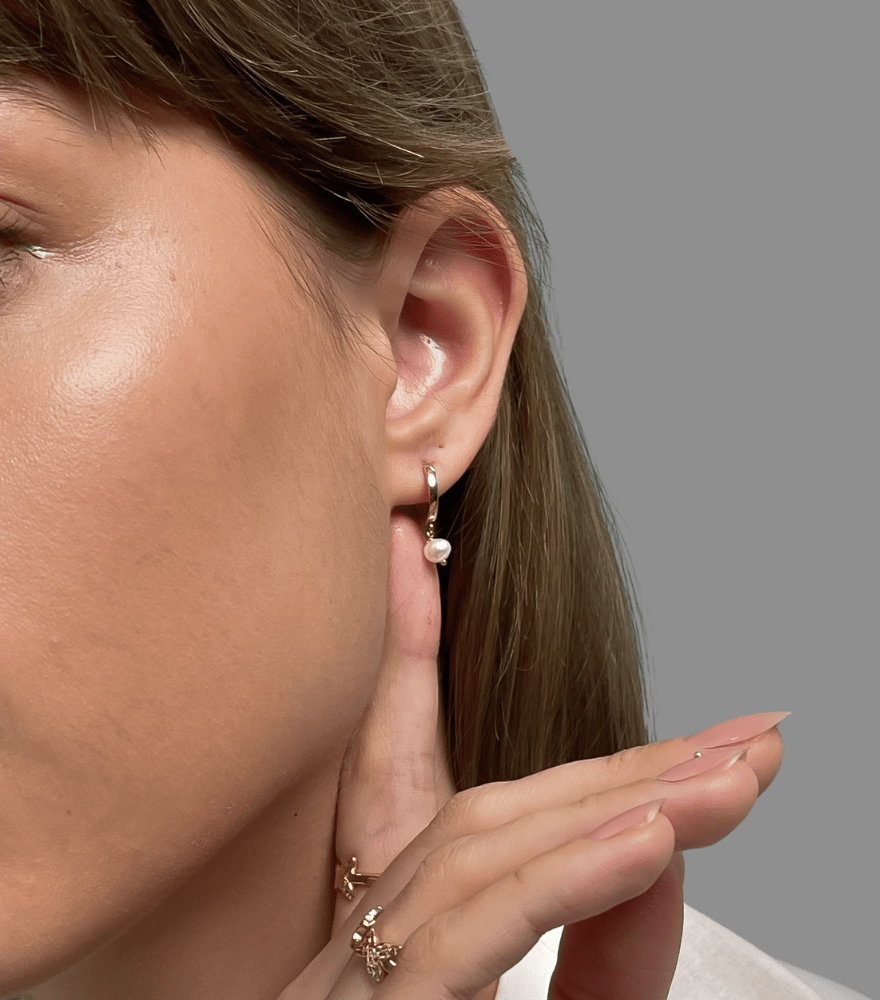 Model Wearing Aurora Pearl Hoop Earrings in 18K Gold Jewelry for Pierced Ears 18k Yellow with Hallmark Stamp Metal Stone One Size 1.4gms