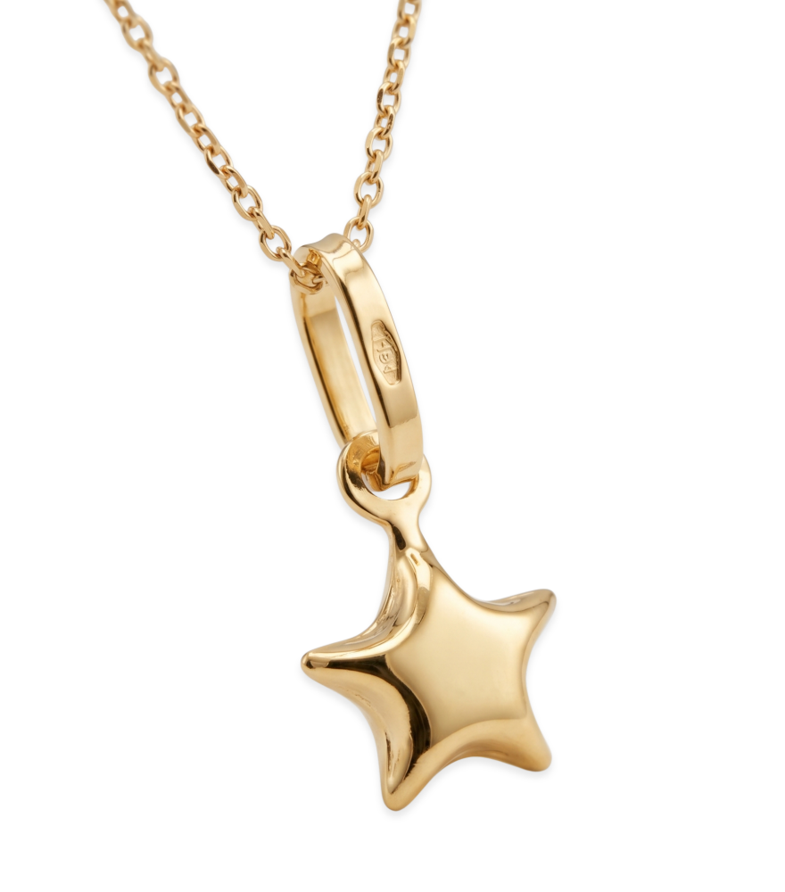 Closeup of Golden Star charm Pendant Necklace in 18K Gold Fixed Length 18k Yellow with Hallmark Stamp Metal One Size 1.4gms