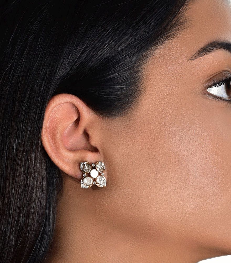 Model Wearing Meher Diamond Stud Earrings in 18k Gold Jewelry for Pierced Ears Yellow with Hallmark Stamp Metal Stone 2 cm 7.7gms