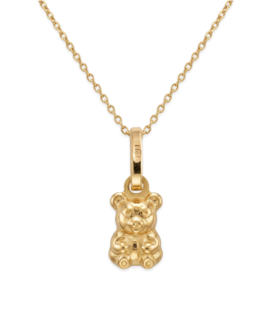 Front View of Golden Teddy Charm Pendant Necklace in 18k Gold Fixed Length Yellow with Hallmark Stamp Metal One Size 1.5gms