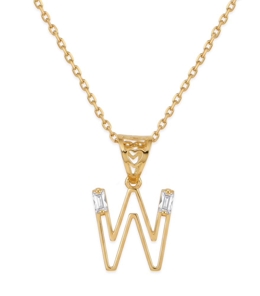 Front View of Letter 'W' Initials Pendant Necklace in 18k Gold Fixed Length Yellow with Hallmark Stamp Metal One Size 1.2gms