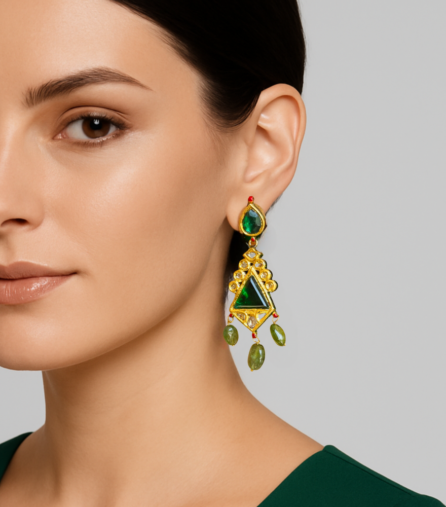 Model Wearing Aditi Polki Earrings in Gold Jewelry for Pierced Ears 18k Yellow with Hallmark Stamp Metal One Size 11.5gms
