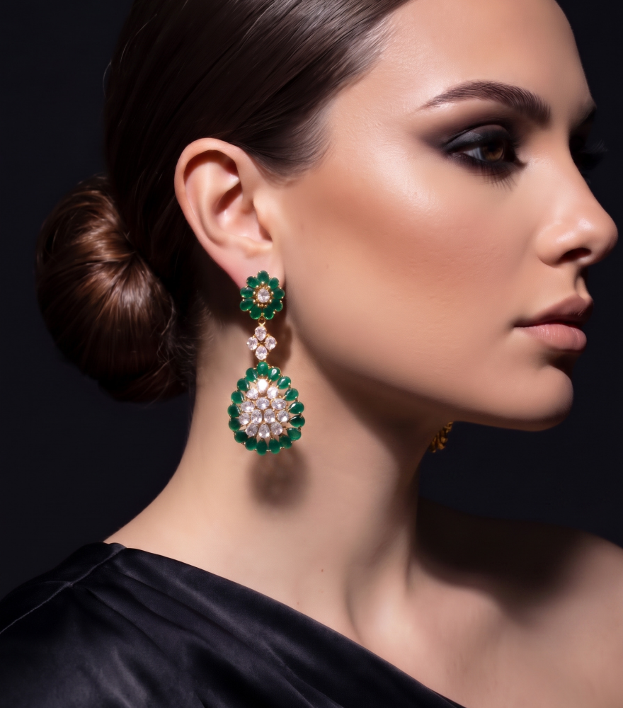 Model Wearing Sanam Earrings Jewelry for Pierced Ears 18k Gold Plated 925 Sterling Silver One Size 28.7gms
