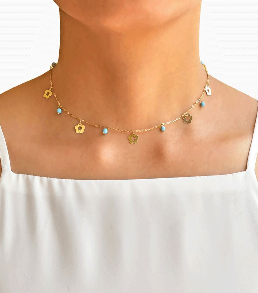 Model Wearing Zahra Charm Necklace in 18k Gold Adjustable Length Yellow with Hallmark Stamp Metal One Size 2.5gms
