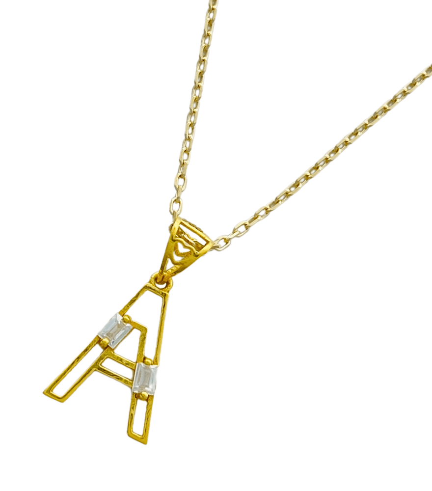 Closeup of Letter 'A' Initials Pendant Necklace in 18k Gold Fixed Length Yellow with Hallmark Stamp Metal One Size 1.2gms
