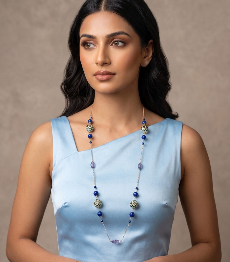 Model Wearing Lavanya Pearl Necklace in 18k Gold Fixed Length Yellow with Hallmark Stamp Metal Stone One Size 32.9gms