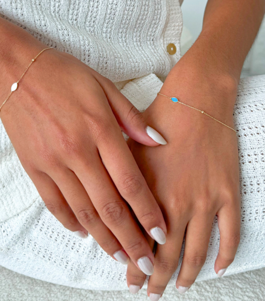 Model Wearing Layla Turquoise Bracelet in 18K Gold Adjustable Length 18k Yellow with Hallmark Stamp Metal 7.5 inches 0.7gms