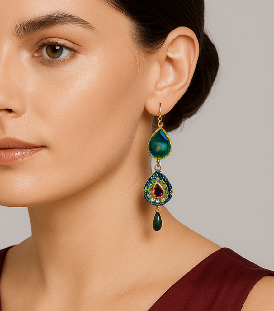 Model Wearing Kirti Polki Dangle Earrings in Gold Jewelry for Pierced Ears 18k Yellow with Hallmark Stamp Metal Stone One Size 18.4gms