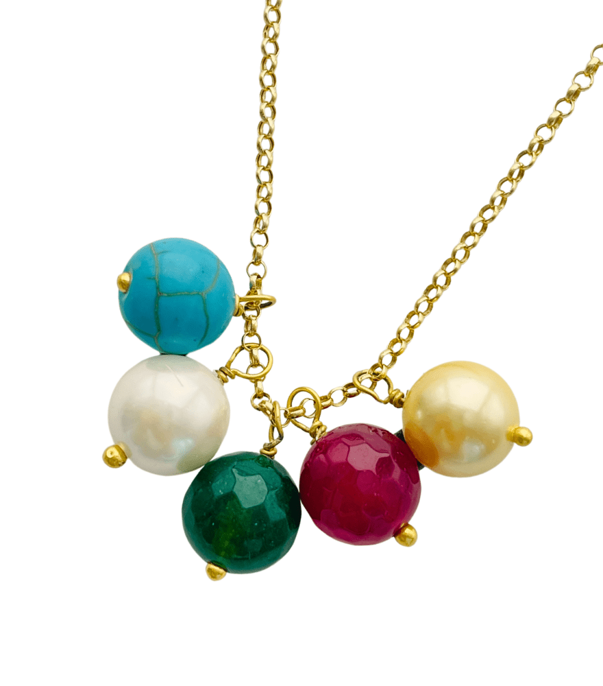 Closeup of Gold Multi Drop Pendant Necklace Comfort Fit 18k Yellow with Hallmark Stamp Metal Stone 8.2gms