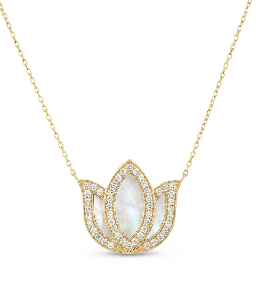 Front View of Lotus Pearl Necklace in 18k Gold Comfort Fit Yellow with Hallmark Stamp 16 inches 2.2gms