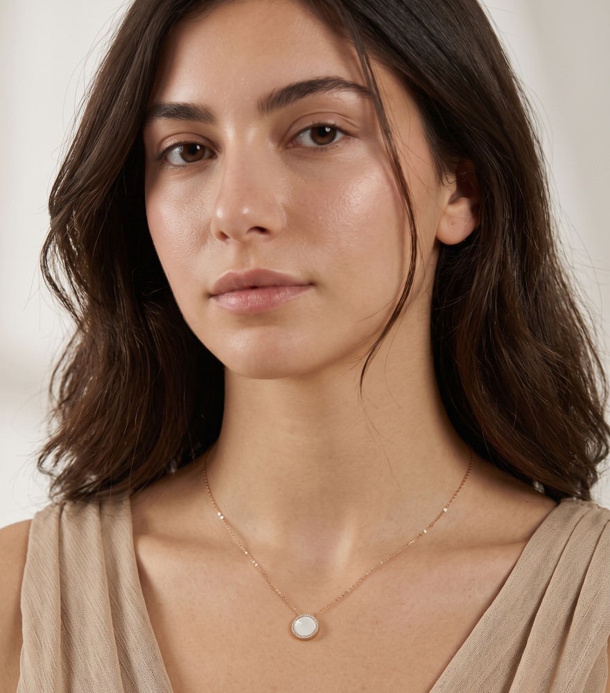 Alternate View of Model Wearing Zira Mother of Pearl Pendant Necklace Comfort Fit 18k Yellow Gold with Hallmark Stamp 16 inches 1.3gms