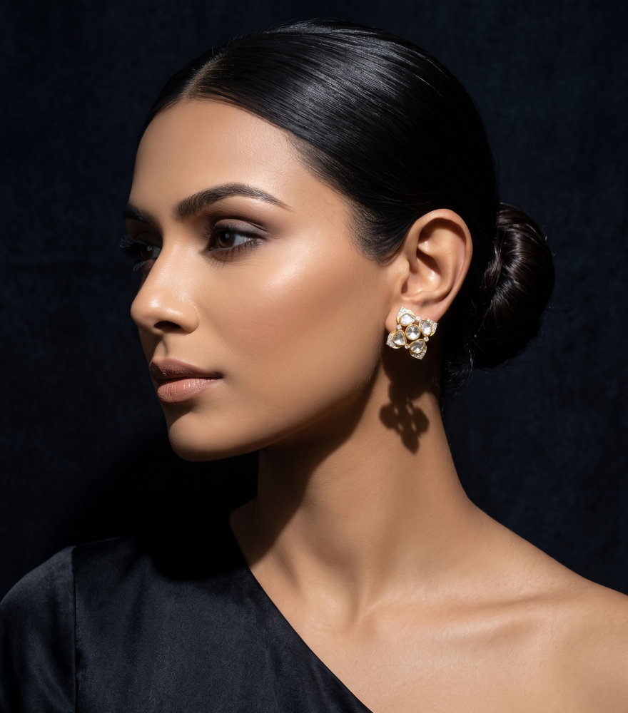 Model Wearing Meher Diamond Stud Earrings in 18k Gold Jewelry for Pierced Ears Yellow with Hallmark Stamp Metal Stone 2 cm 7.7gms
