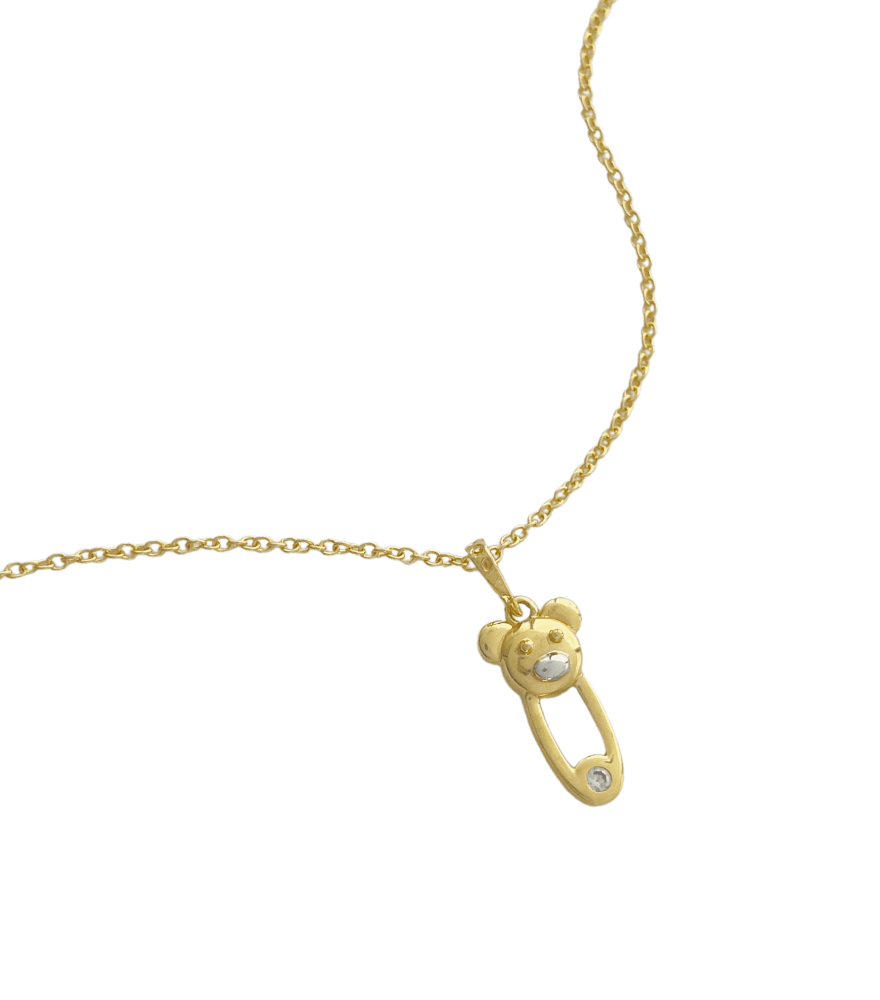Closeup of Golden Teddy Pin Charm Pendant Necklace in 18K Gold Fixed Length 18k Yellow with Hallmark Stamp Metal One Size 1.6gms