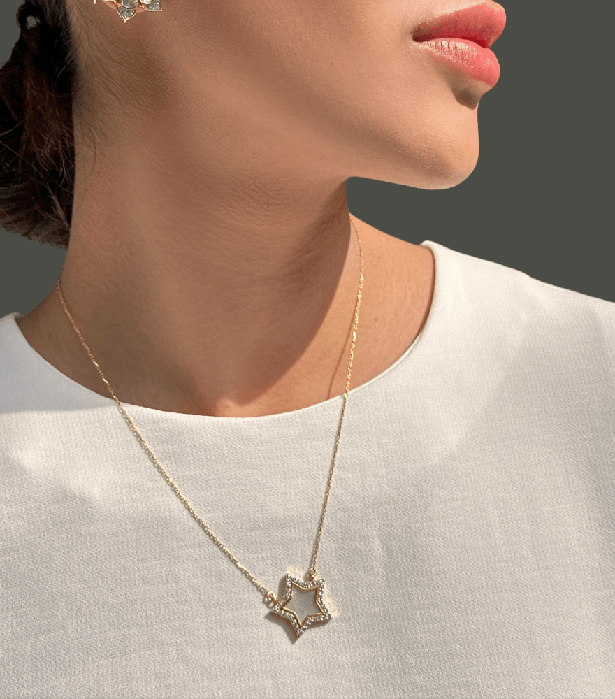Model Wearing Nashira Diamond Necklace in 18k Gold Comfort Fit Yellow with Hallmark Stamp 6gms