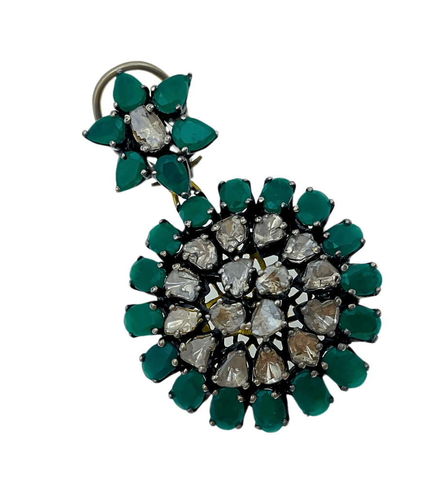 Closeup of Naira Gold-Plated Silver Earrings with Diamonds & Emeralds Jewelry for Pierced Ears 18k Gold Plated 925 Sterling Metal Stone One Size 14.97gms