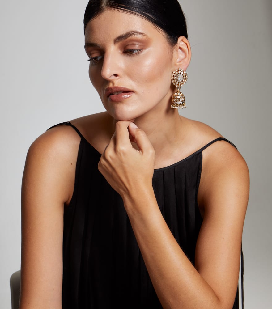 Alternate View of Model Wearing Jaan Jhumka Uncut Diamond Earrings in 18k Gold Jewelry for Pierced Ears Yellow with Hallmark Stamp Metal One Size 48.4gms