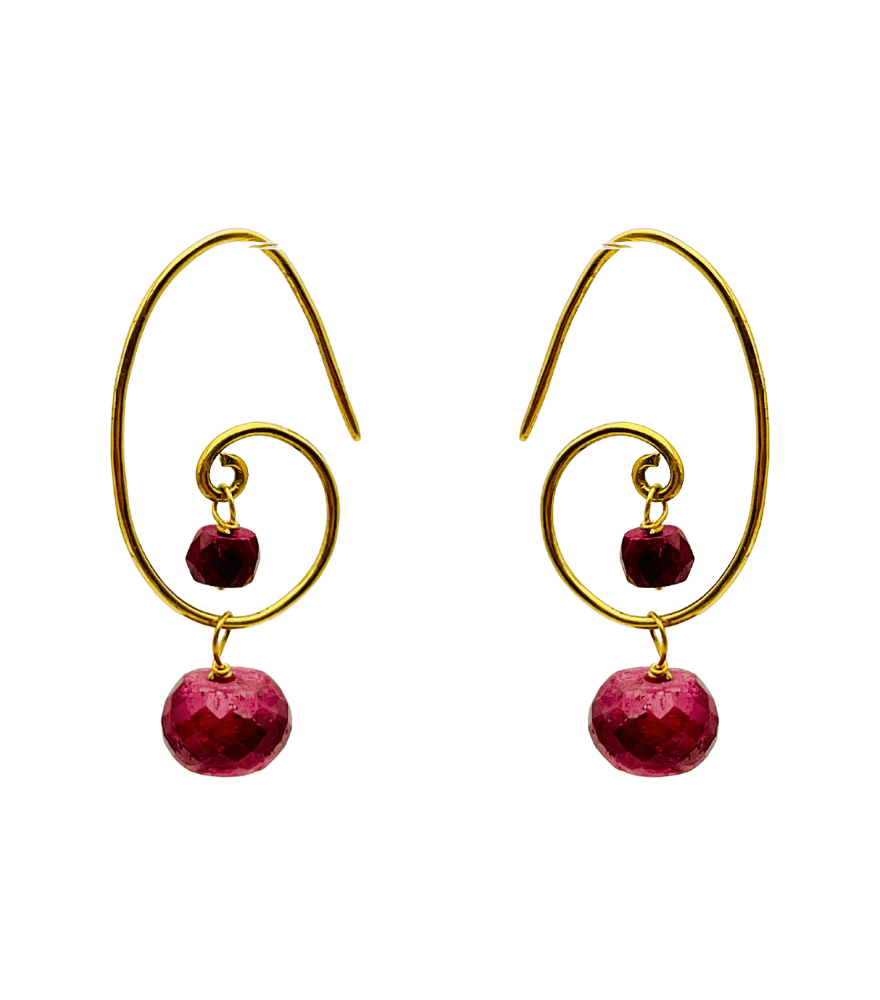 Front View of Shyla Ruby Spiral Hoops in 18k Gold Jewelry for Pierced Ears Yellow with Hallmark Stamp One Size 3.1gms
