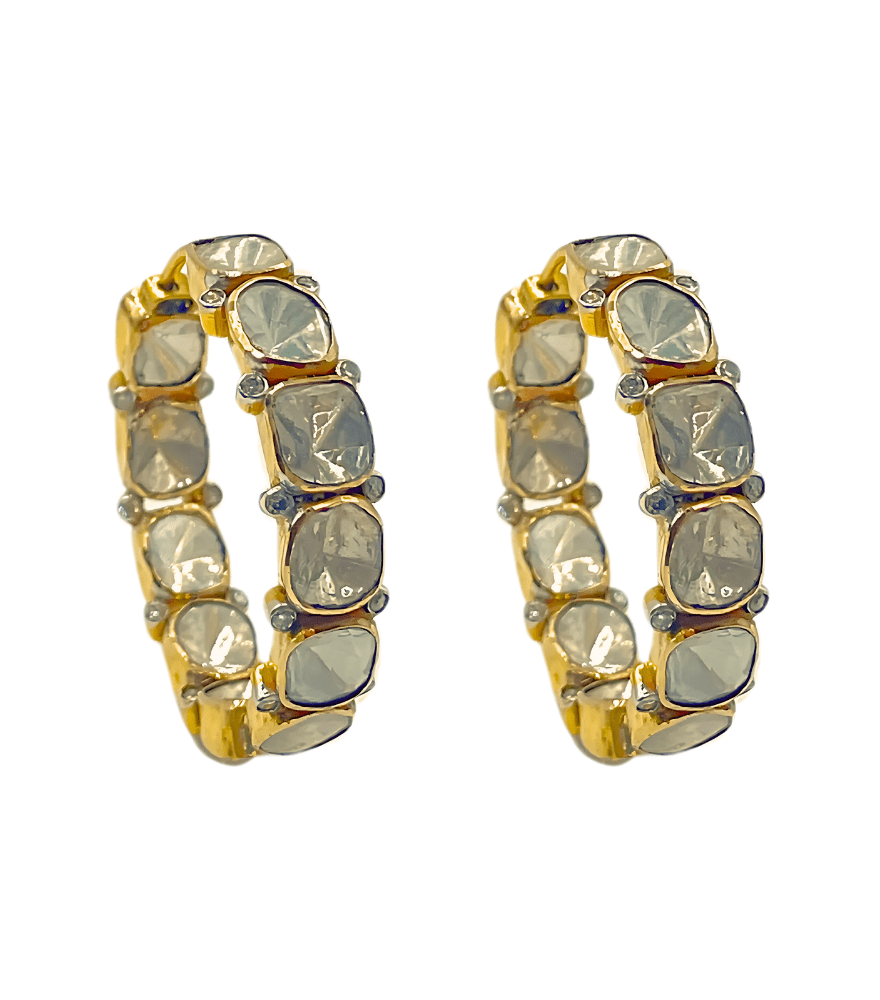 Front View of Chandra Polki Hoop Earrings Jewelry for Pierced Ears 14k Gold 3 cm 11.3gms Yellow
