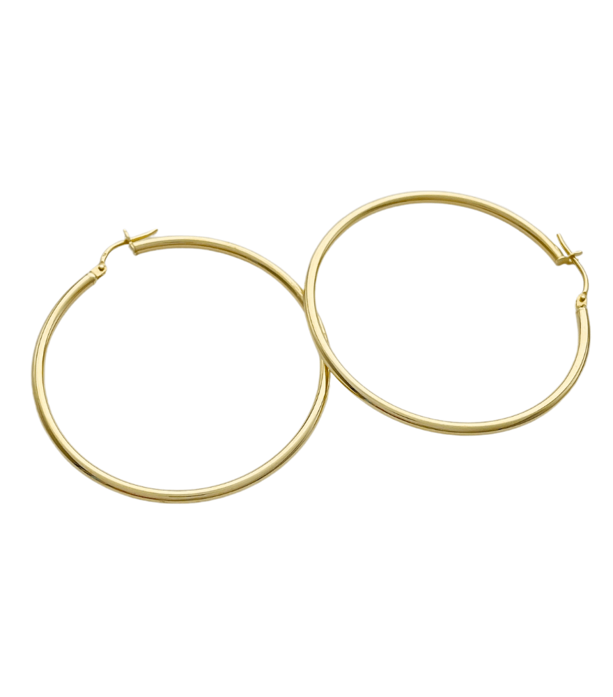 Closeup of Golden Circle Hoop Earrings in 18k Gold Jewelry for Pierced Ears Yellow with Hallmark Stamp Metal One Size 2.3gms