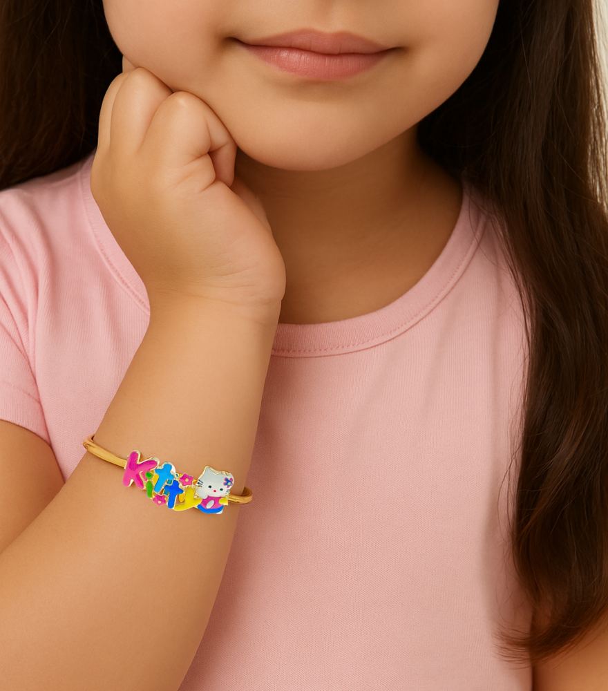 Model Wearing Cleo Kitty Bangle in 18k gold Open-Adjustable-Resizable Yellow Gold with Hallmark Stamp Metal One Size 2.7gms