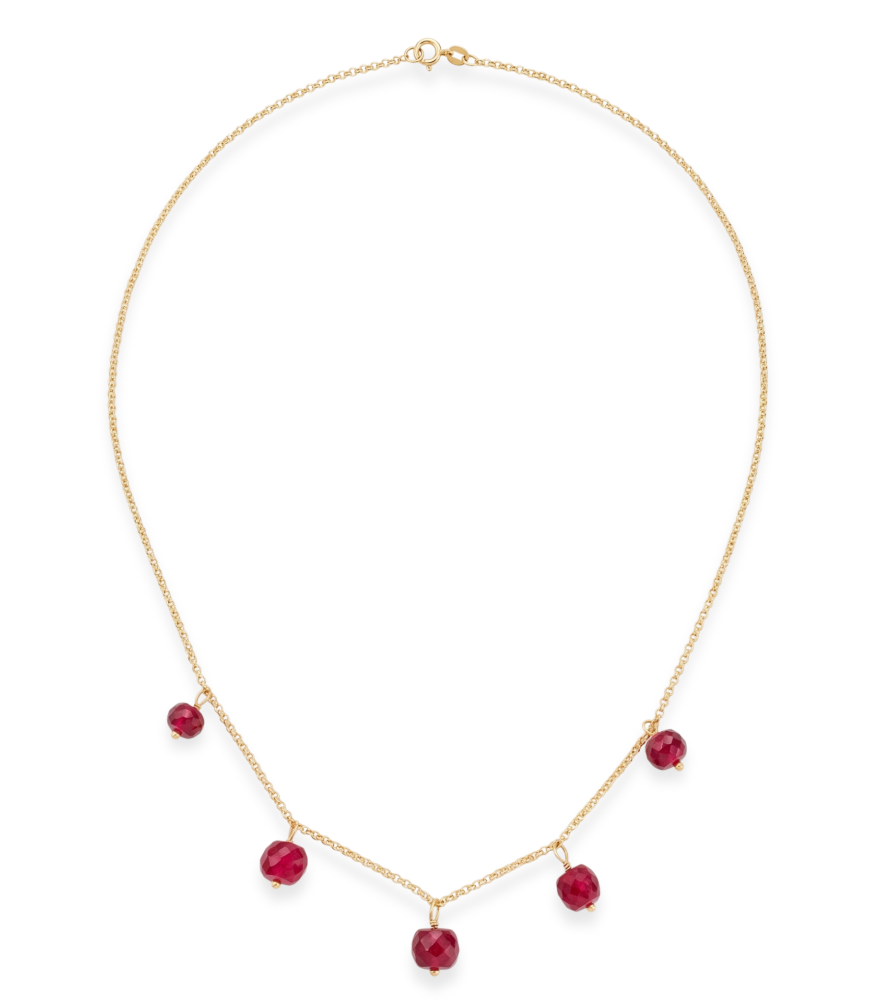 Front View of Gold & Ruby Necklace Comfort Fit 18k Yellow with Hallmark Stamp One Size 7.2gms
