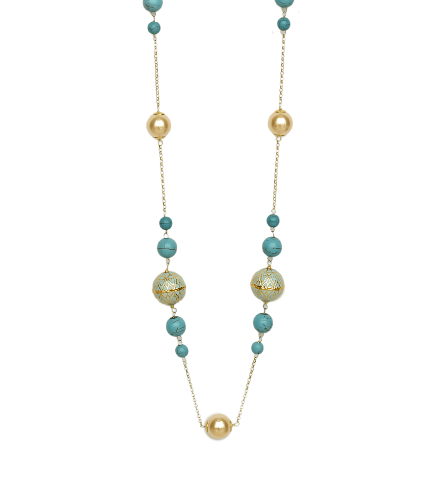 Front View of Firoza Necklace in 18k Gold Fixed Length Yellow with Hallmark Stamp Metal Stone One Size 43gms