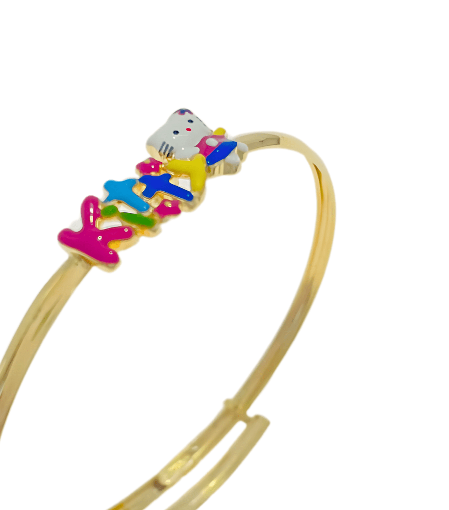 Closeup of Cleo Kitty Bangle in 18k gold Open-Adjustable-Resizable Yellow Gold with Hallmark Stamp Metal One Size 2.7gms