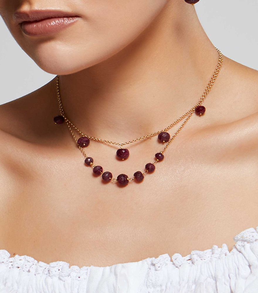 Model Wearing Saya Ruby Necklace in 18k Gold Comfort Fit Yellow with Hallmark Stamp Metal Stone One Size 6.5gms