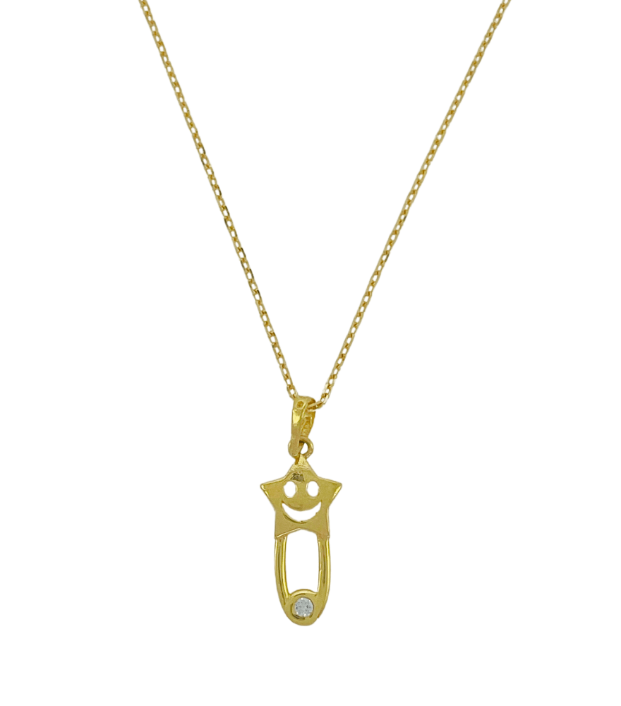 Golden Happy Star Pin Charm Pendant Necklace in 18K Gold