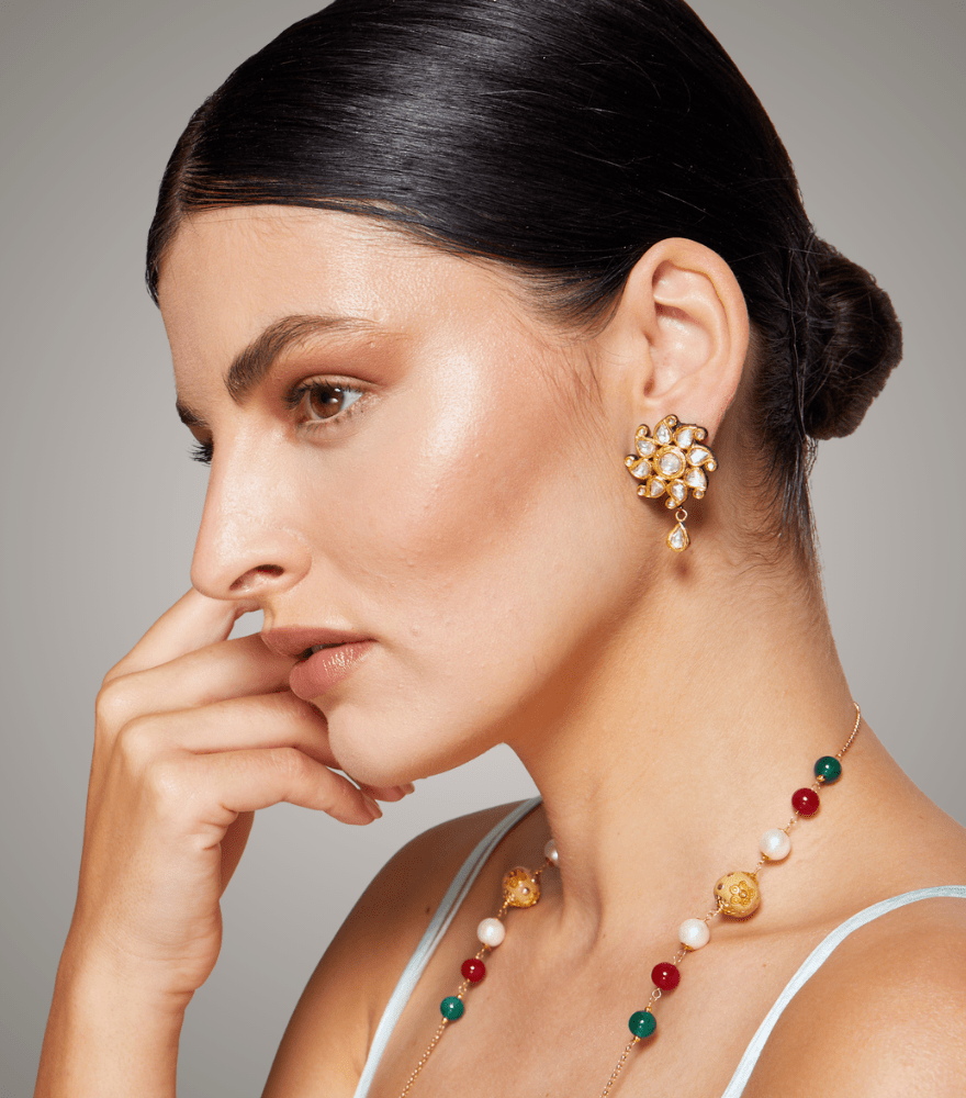 Alternate View of Model Wearing Mallika Stud Earrings Jewelry for Pierced Ears 18k Yellow Gold with Hallmark Stamp Metal One Size 18.7gms
