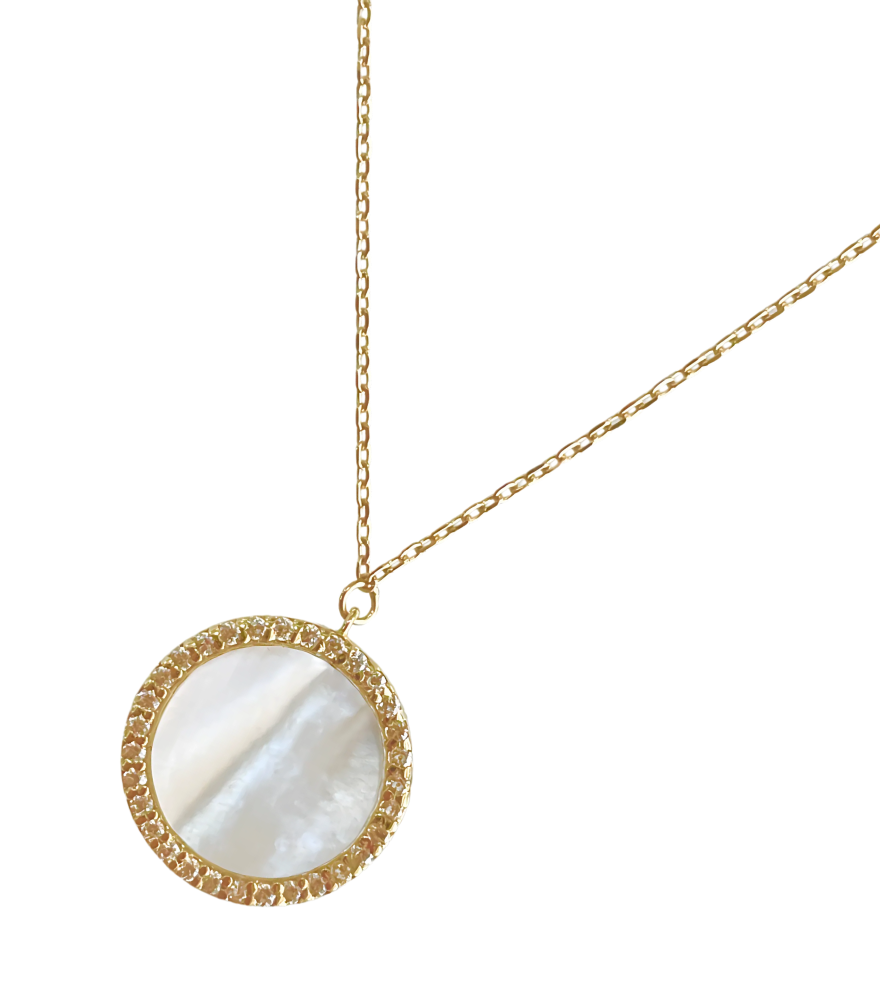 Closeup of Zira Mother of Pearl Pendant Necklace Comfort Fit 18k Yellow Gold with Hallmark Stamp 16 inches 1.5gms
