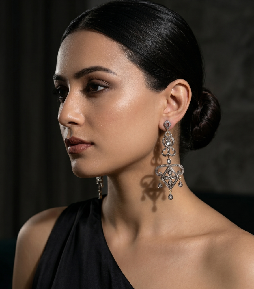 Alternate View of Model Wearing Rina Dangle Earrings Jewelry for Pierced Ears 18k Gold Plated 925 Sterling Silver Metal One Size 23.4gms