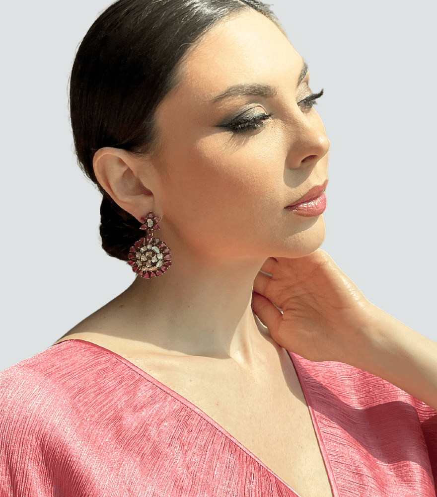 Alternate View of Model Wearing Marya Ruby Dangle Earrings in Sterling Silver Jewelry for Pierced Ears 925 Metal Stone One Size 14.54gms