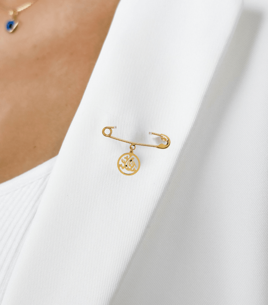 Model Wearing Mashallah Brooch Pin in 18k Gold Regular Yellow with Hallmark Stamp Metal One Size 0.8gms