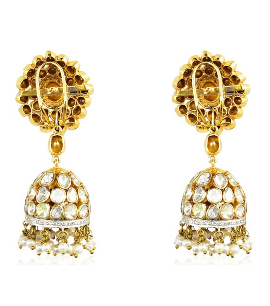 Rear View of Jaan Jhumka Uncut Diamond Earrings in 18k Gold Jewelry for Pierced Ears Yellow with Hallmark Stamp Metal One Size 48.4gms