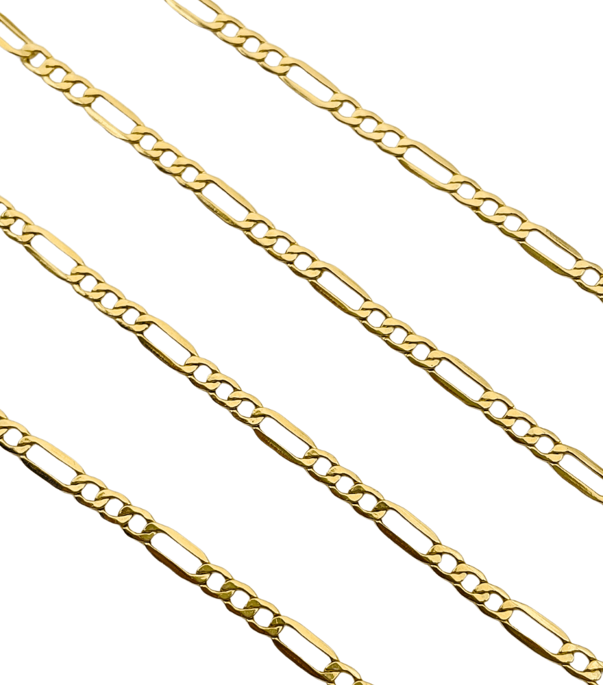 Closeup of Chic Figaro chain necklace in 18k Gold Fixed Length Yellow with Hallmark Stamp Metal One Size 2.2gms