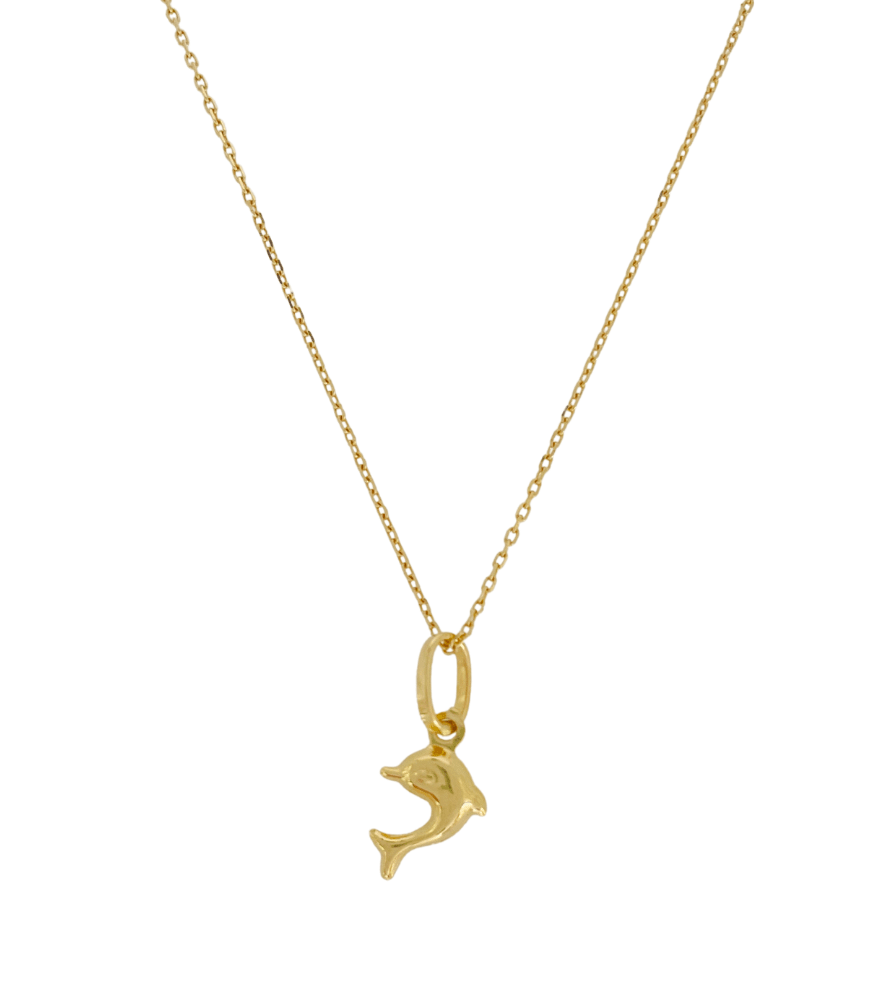 Front View of Golden Dolphin charm Pendant Necklace in 18k Gold Adjustable Length Yellow with Hallmark Stamp Metal One Size 1.6gms