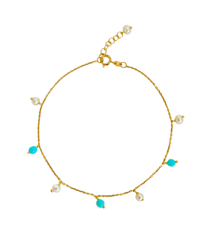 Front View of Aqua turquoise and pearl Bracelet in 18K Gold Adjustable Length 18k Yellow with Hallmark Stamp Metal 7 inches 1gms