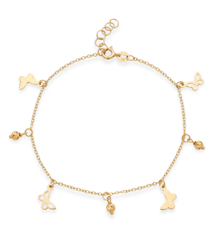 Front View of Bianca Butterfly Charm Bracelet in 18K Gold Adjustable Length 18k Yellow with Hallmark Stamp 7 inches 1.3gms
