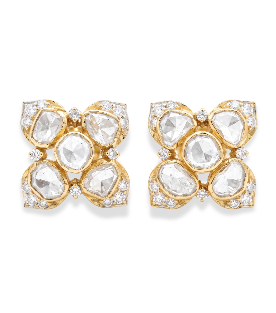 Front View of Meher Diamond Stud Earrings in 18k Gold Jewelry for Pierced Ears Yellow with Hallmark Stamp Metal Stone 2 cm 7.7gms