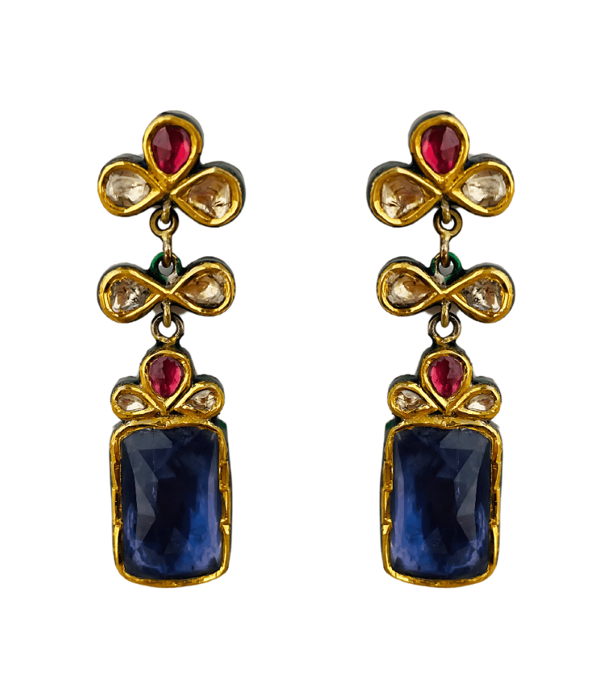 Front View of Diya Polki Earrings in Gold Jewelry for Pierced Ears 18k Yellow with Hallmark Stamp Metal One Size 16gms