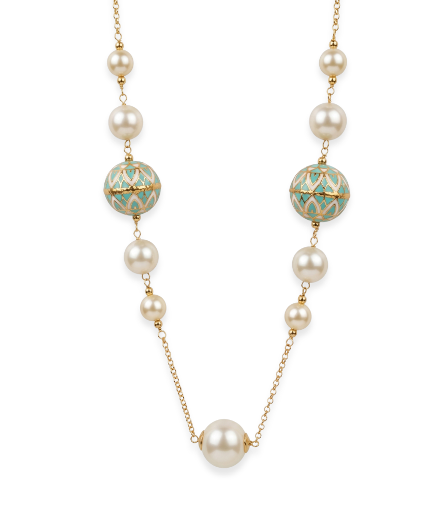 Front View of Ishani Pearl and Enamel Necklace in 18k Gold Fixed Length Yellow with Hallmark Stamp Metal Stone One Size 48.4gms